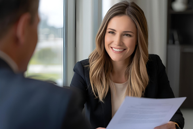 Professional woman reviewing home sale documents with attorney, confident and smiling, closing meeting, daytime, upscale office